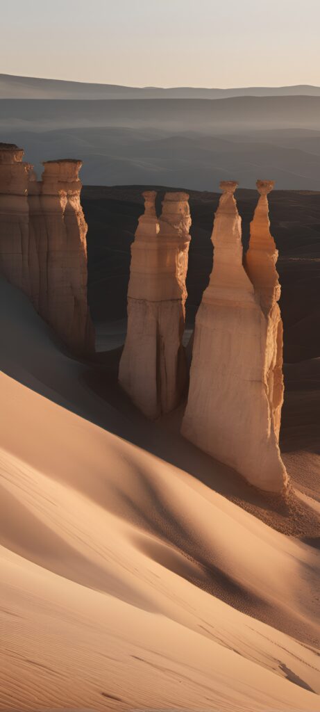 Golden desert landscape with rock formations and sunlit sand dunes in warm earth tones Wallpaper