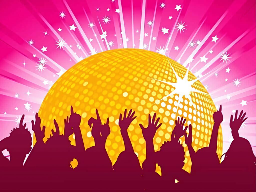 Glowing golden disco ball and dancing crowd on vibrant pink background festive celebration wallpaper