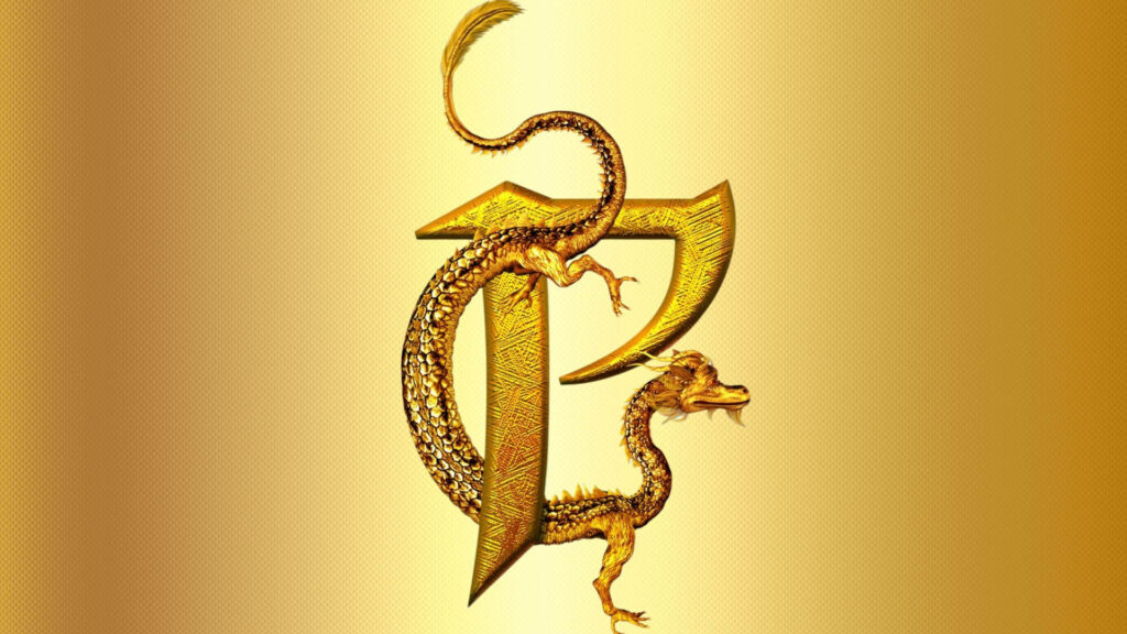 Golden Dragon Embraces Letter P on Luxurious Shimmering Background Wallpaper