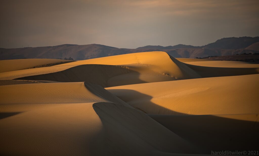 Golden light on rolling desert dunes and distant mountains at dusk with textured sand ridges Wallpaper