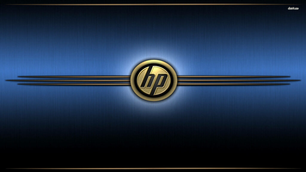 Golden Elegance: HP Laptop Logo Shines Amidst Luxurious Blue Metallic Wallpaper