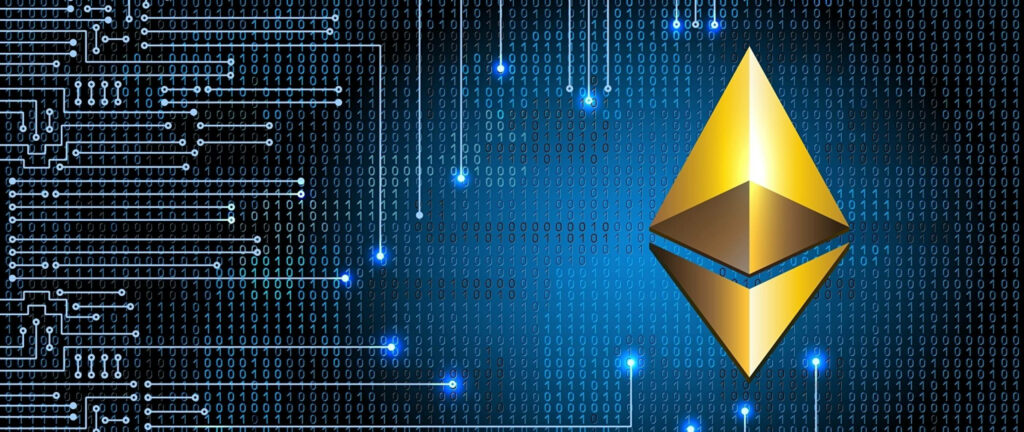 3D golden Ethereum logo on dark blue binary code and circuit board background crypto finance wallpaper