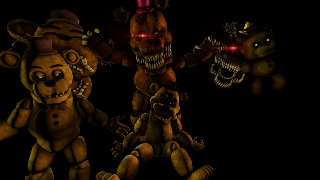 Five Nights at Freddy’s wallpaper with Nightmare Freddy and iconic animatronics in eerie 3D design