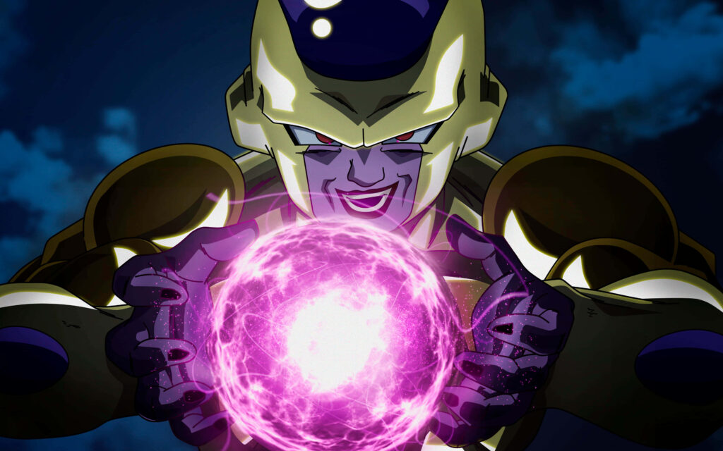 Golden Frieza Dragon Ball anime character powering up with glowing purple energy sphere wallpaper