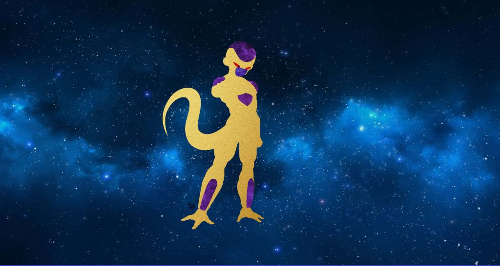 Golden Frieza Dragon Ball wallpaper with cosmic gold form and starry blue nebula background