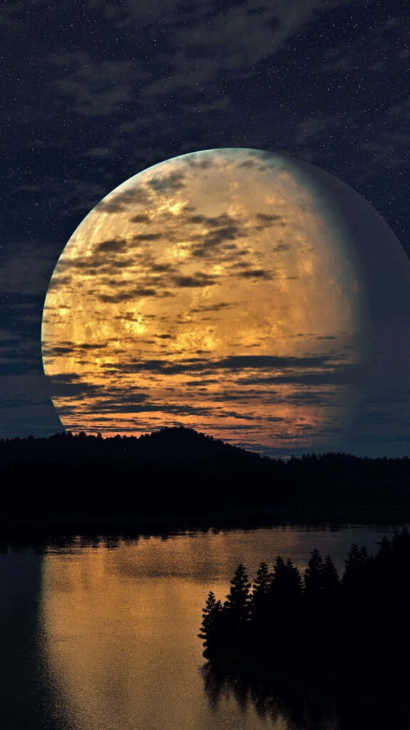 Golden Full Moon Wallpaper: Serene Night Sky Over Calm Lake