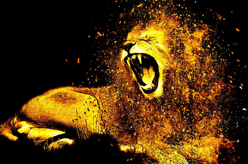 Majestic lion roaring dissolves into golden embers on black background digital art wallpaper