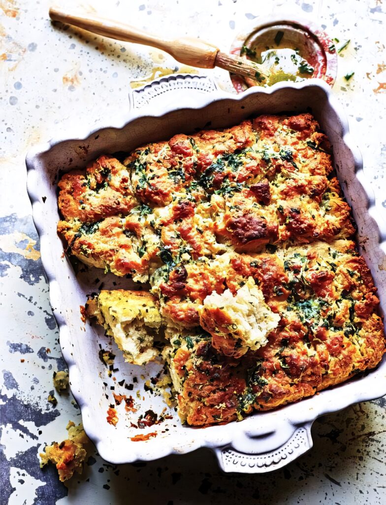 Golden garlic buttermilk bread in rustic dish with fluffy texture and savory herb crust wallpaper