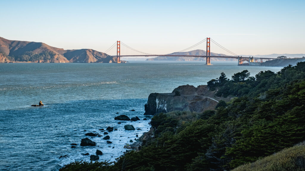 Golden Gate Bridge over shimmering sea framed by stones and green trees under clear sky wallpaper