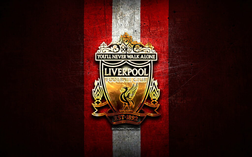Liverpool FC wallpaper with 3D gold crest on rugged red metal striped background