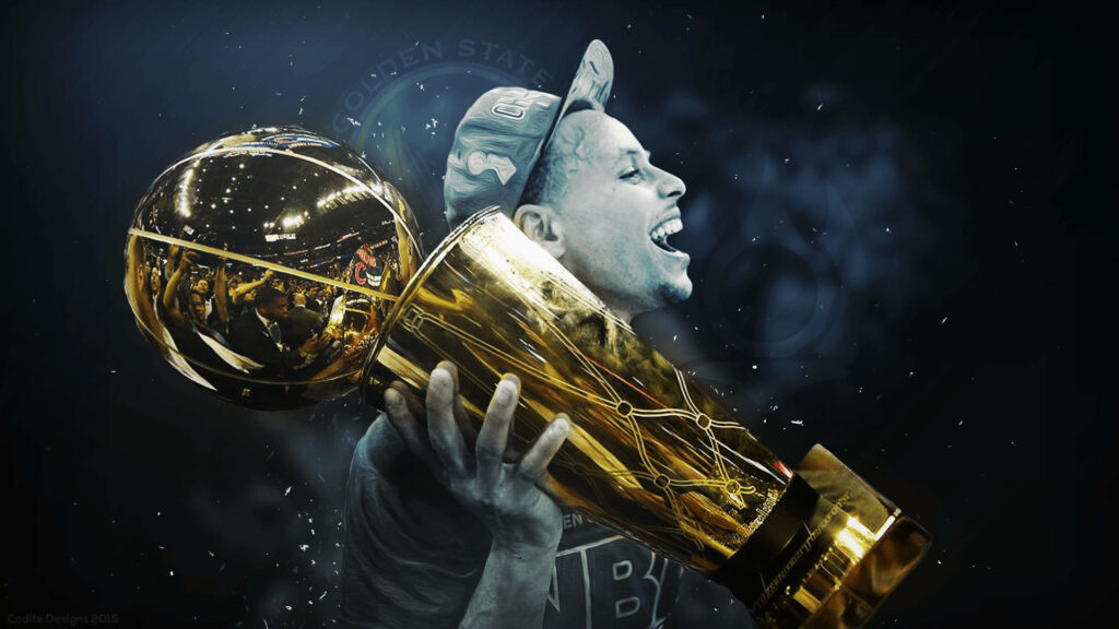 Golden Glory: Stephen Curry Claims NBA Championship Trophy in Stunning Wallpaper
