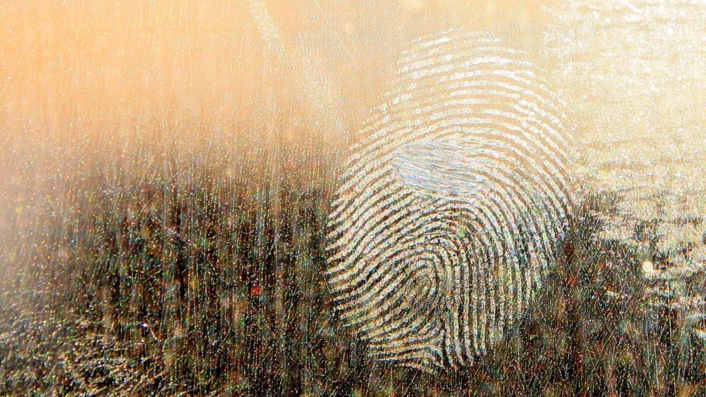 Macro close-up of glowing golden human fingerprint ridges on dark scratched tech background wallpaper