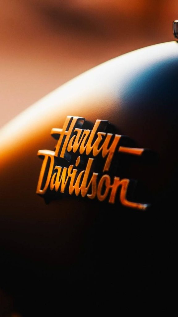 Close-up of golden Harley-Davidson tank emblem on dark matte surface with warm moody lighting Wallpaper