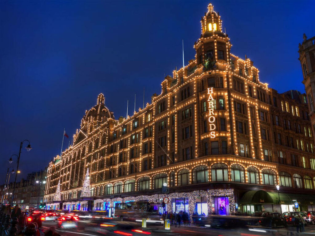 Stunning Harrods Building Wallpaper: Golden Lights & City Evening