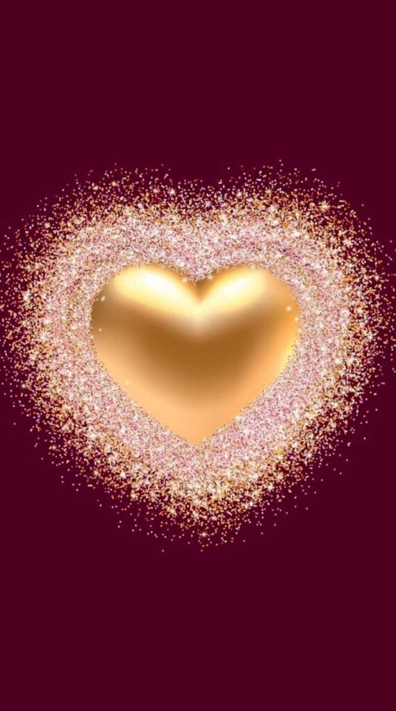 Golden Heart with Sparkling Burst on Deep Red Wallpaper Background