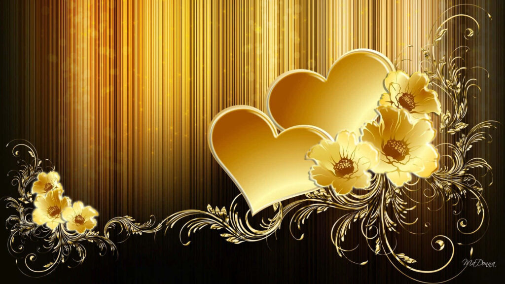 Romantic Golden Heart Wallpaper with Yellow Flowers & Elegant Stripes