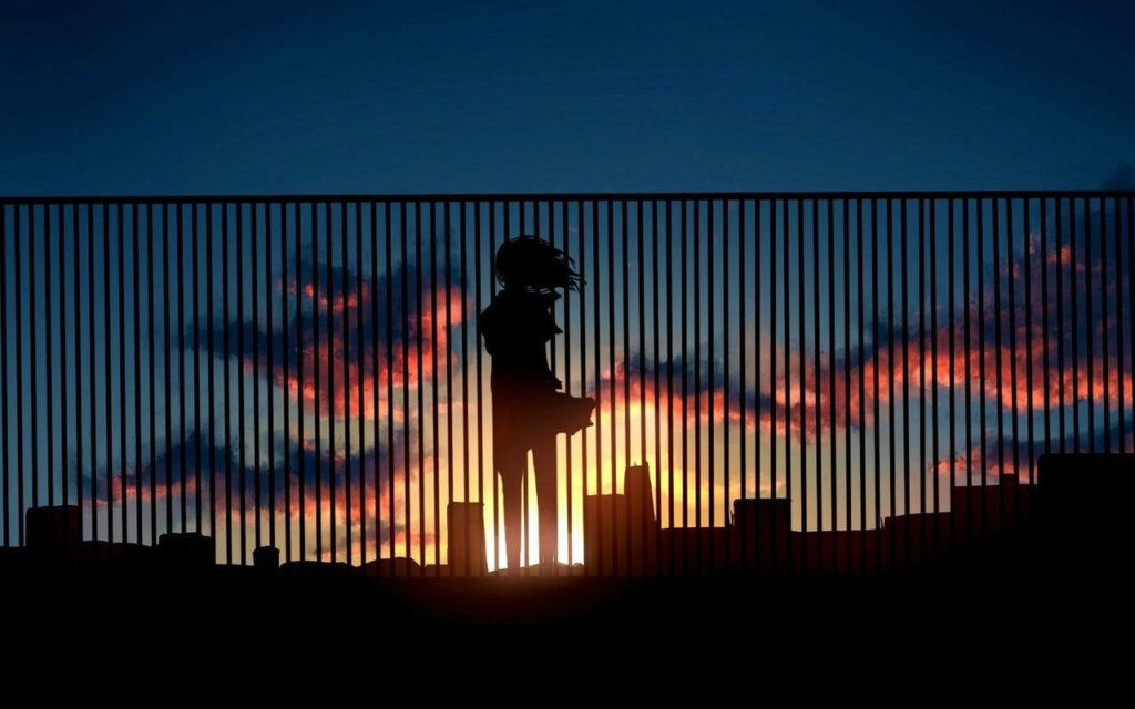 Anime Dreamer: Silhouette of a Girl Embracing the Sunset on a Rooftop Wallpaper