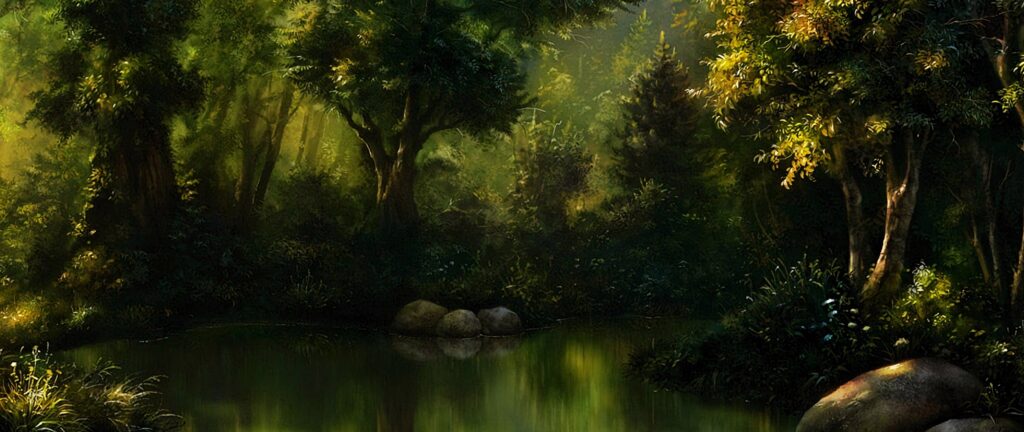 Golden hour enchanted forest wallpaper with lush trees and tranquil pond in soft sunlight