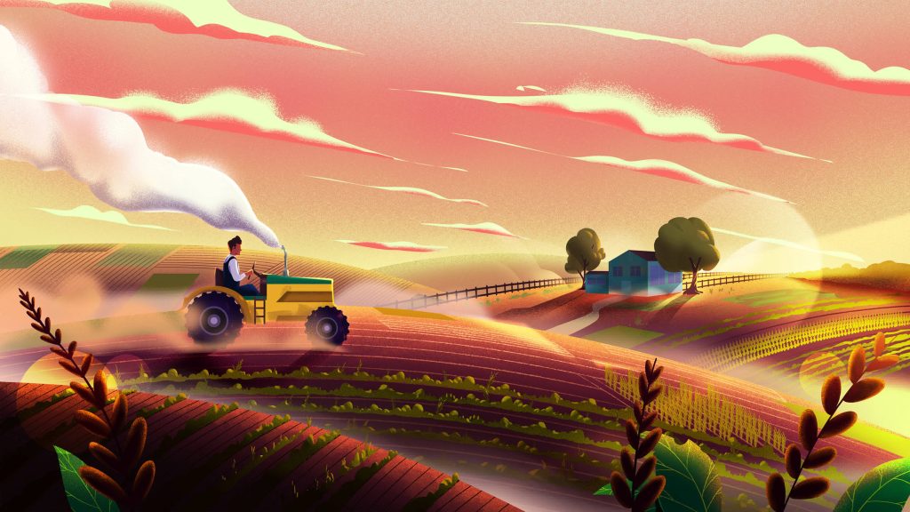 Farmer driving tractor on plowed fields at sunrise with farmhouse and countryside background wallpaper