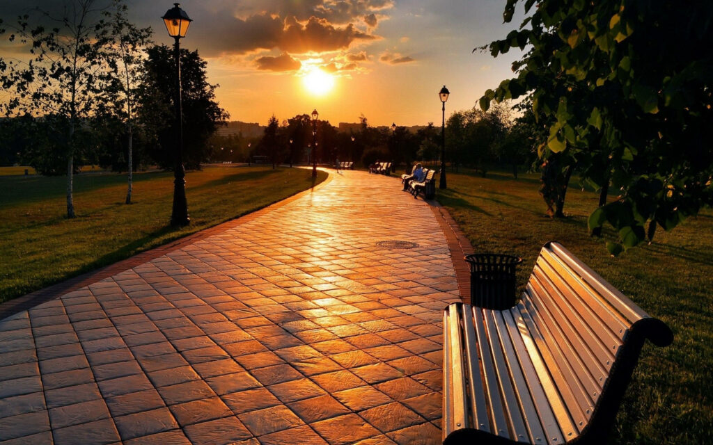 Sunset Stroll: A Park Walkway HD Wallpaper for Your Full Desktop Screen