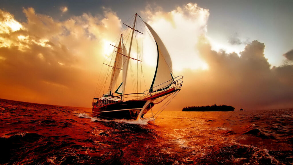 Golden Hour Adventure: HD Ship Sailing on the Rough Seas at Sunset - Cool Wallpaper