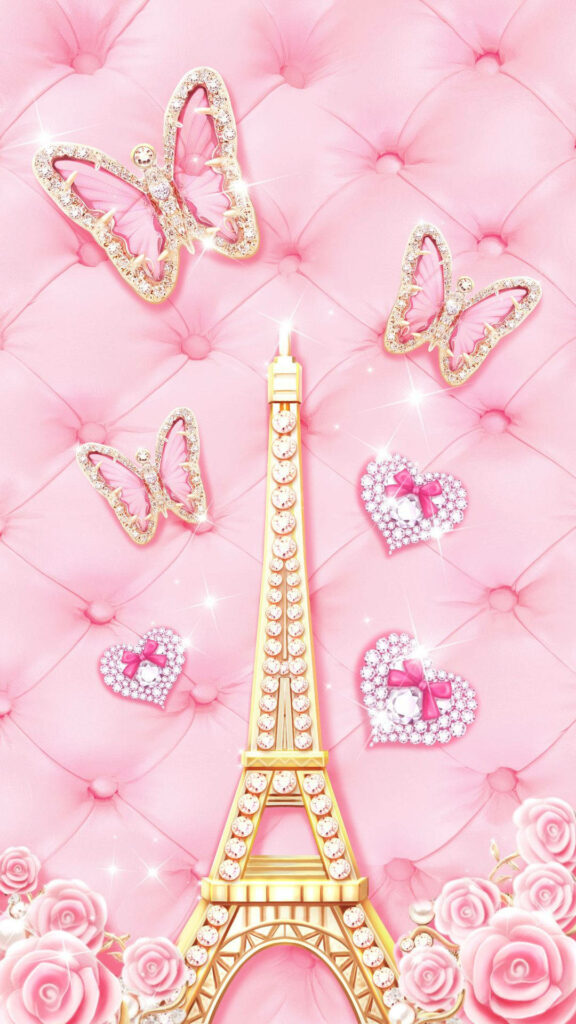 Golden Love Affair: Adorable Eiffel Tower Android Wallpaper with Hearts, Roses, and Tufted Background