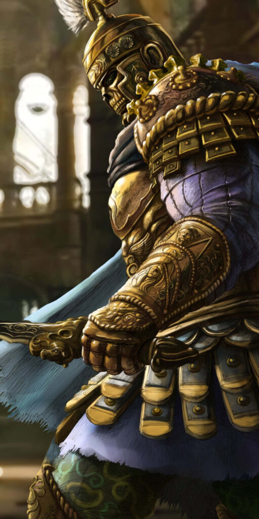 Gleaming Warrior: Centurion's Majestic Gaze in Glittering Gold Armor amidst a Battlefield Wallpaper
