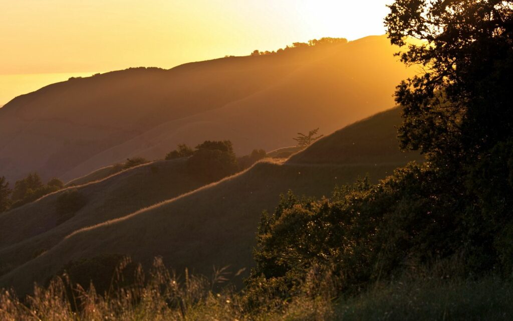 Soft golden sunrise over misty rolling mountains with warm sunbeams illuminating landscape wallpaper