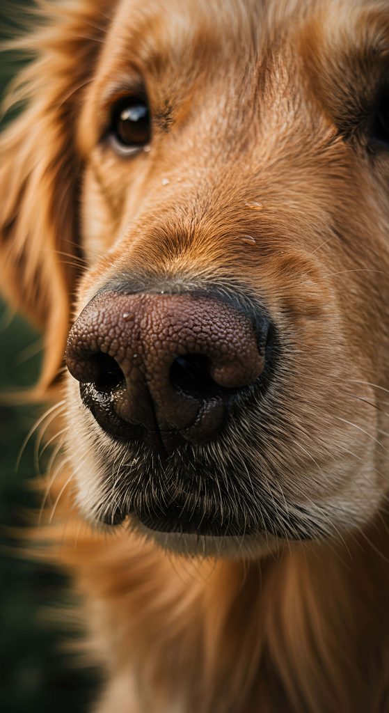 Close-up of golden retriever nose with wet texture and sunlit fur high-resolution wallpaper