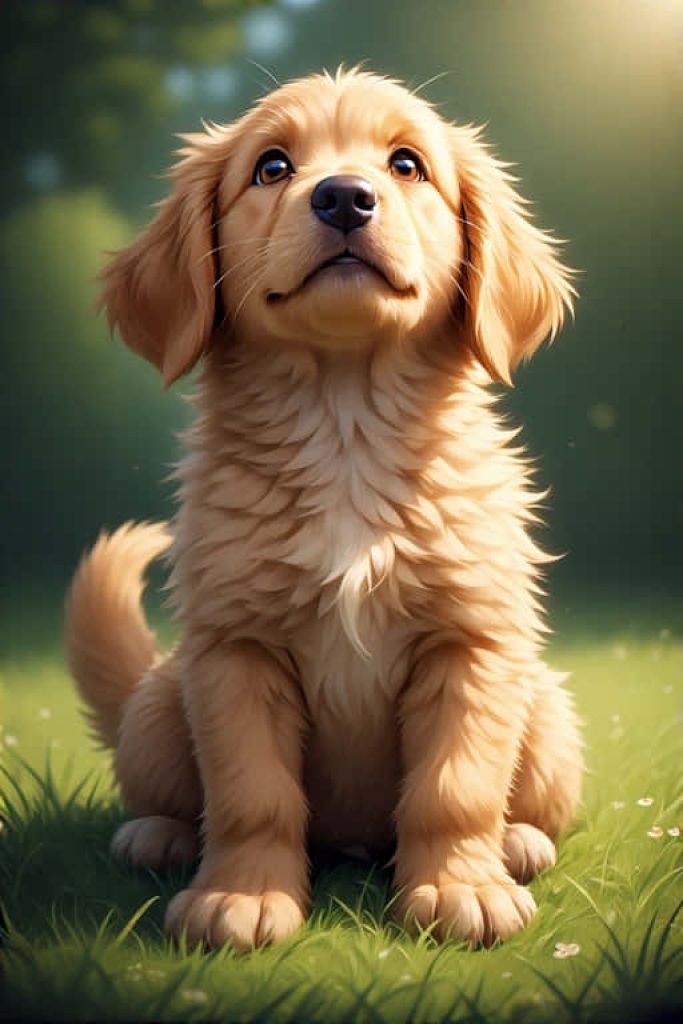 Golden Retriever puppy sitting on sunlit green grass serene and charming 4k wallpaper background
