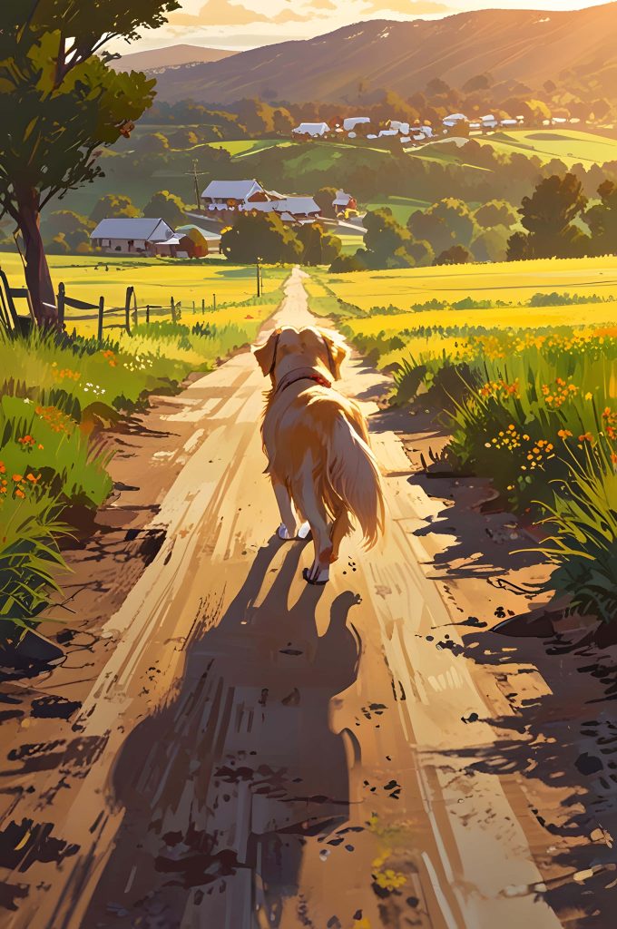 Golden retriever walking a dusty path at sunset with rolling hills and rustic farmhouses background Wallpaper