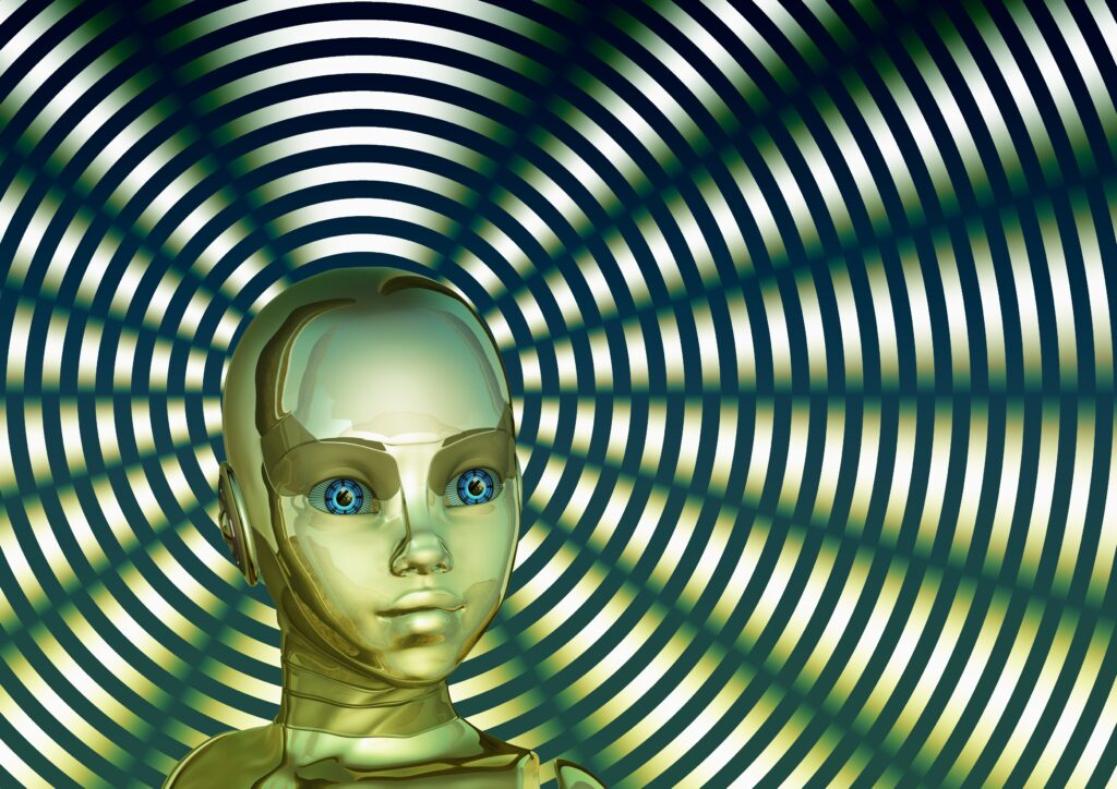 Golden Robot with Cute Face - Hypnotic Concentric Circle Background Wallpaper