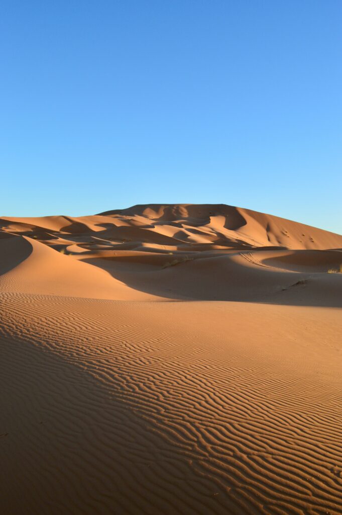 Golden sand dunes with textured ripples under clear blue sky peaceful desert landscape wallpaper