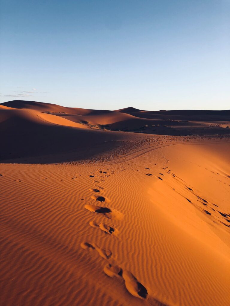 Golden sand dunes with deep footprints under clear blue sky Morocco desert sunset wallpaper background