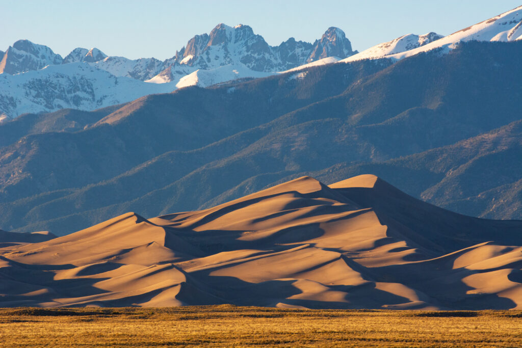 Golden sand dunes glow in sunlight foreground with green hills and snow-capped mountains background Wallpaper