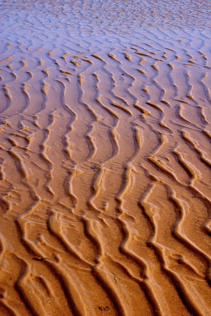 Golden sand with ripple patterns and gentle blue water reflections on a peaceful beach wallpaper