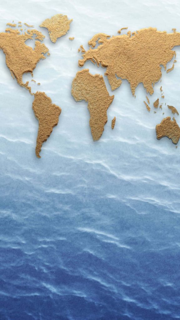 Vertical world map wallpaper with golden sand continents on deep blue ocean wave background