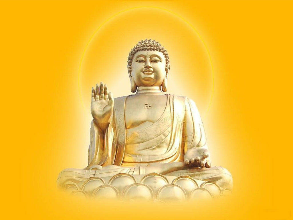 Enchanting Serenity: Immerse Yourself in the Golden Aura of the Buddha's 3D Sanctuary on a Vibrant Yellow Canvas Wallpaper