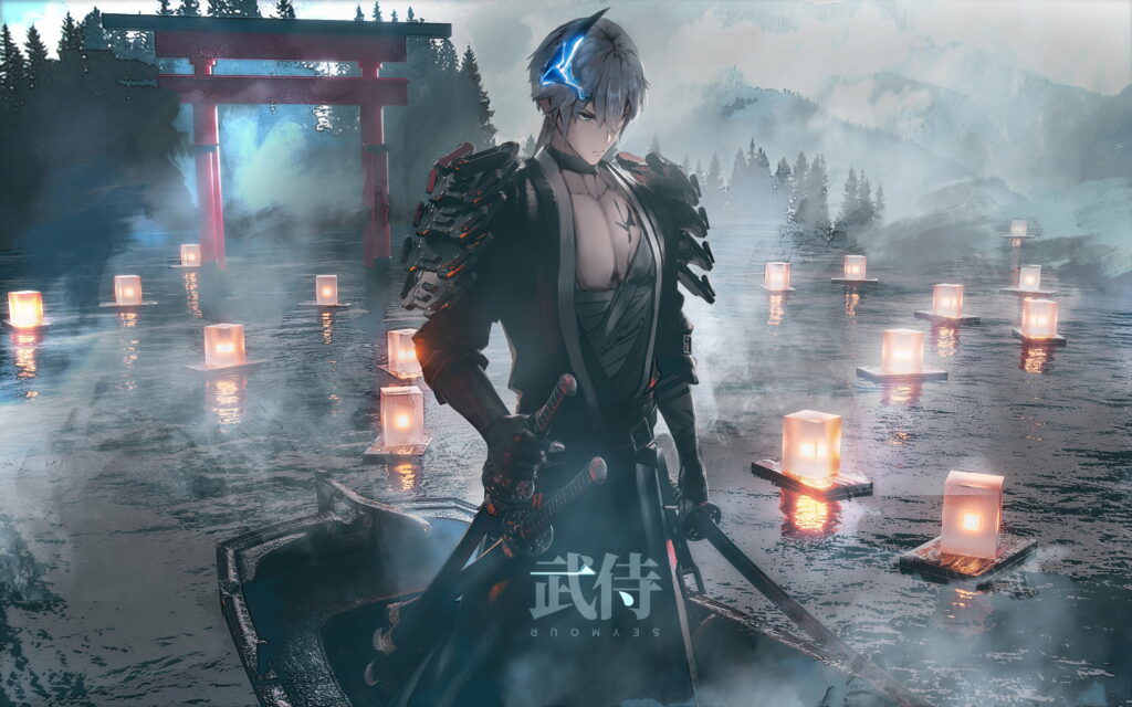 Mystical Ronin: A Serene Journey across Torii Gates on the Water Wallpaper