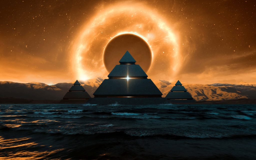 Digital art of three pyramids in dark sea with glowing golden solar eclipse and mountain background Wallpaper