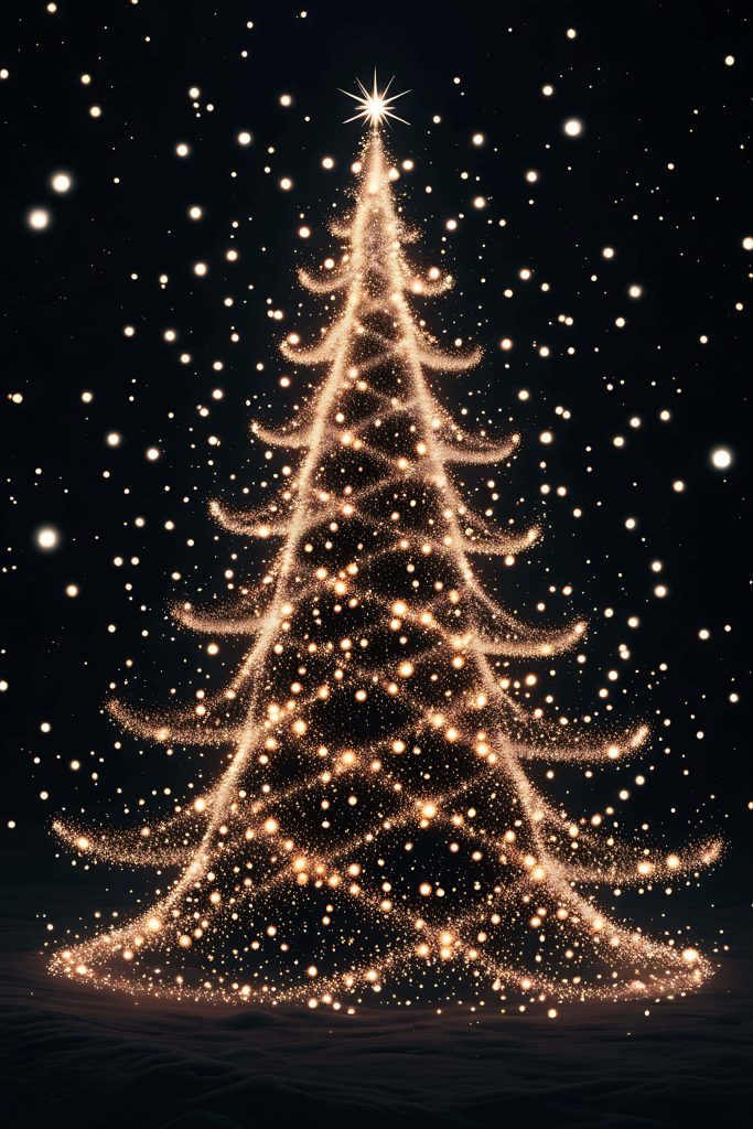 Elegant Christmas tree digital art glowing with golden sparkles and bright star on black background Wallpaper