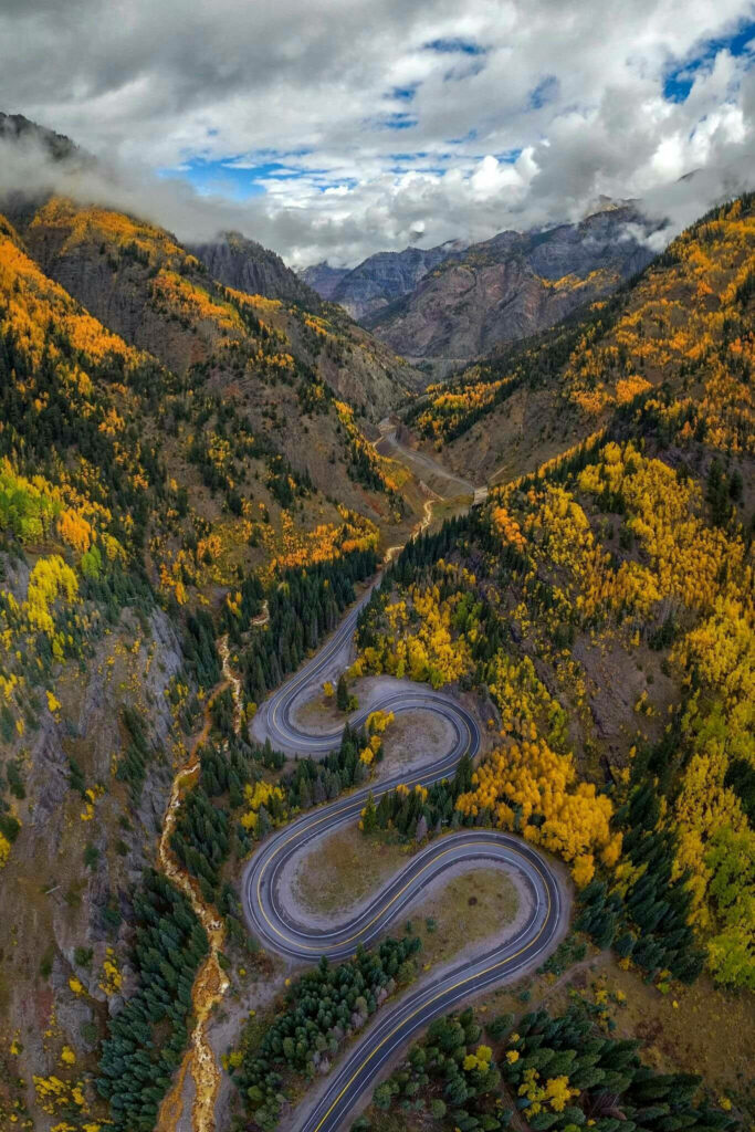 Captivating Autumn Splendor: A Scenic Aerial View of Colorado's Million Dollar Highway, adorned with Glorious Yellow Trees Wallpaper