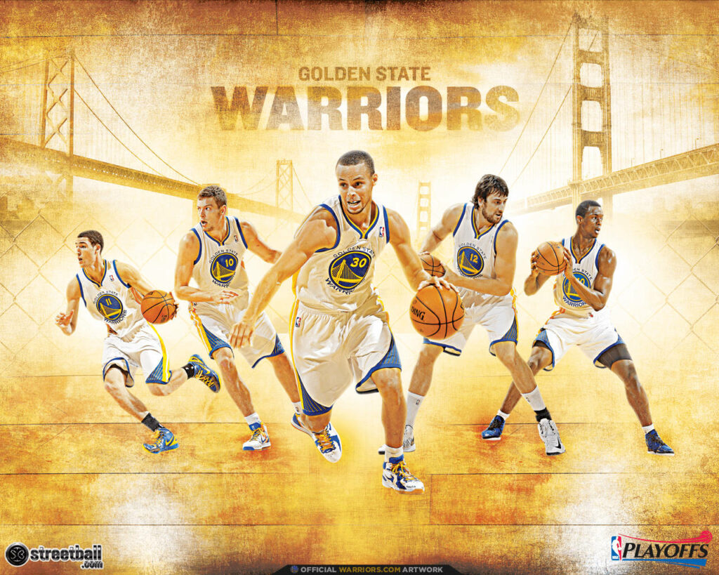 Golden State Warriors 2015 first five lineup action wallpaper with Golden Gate Bridge background