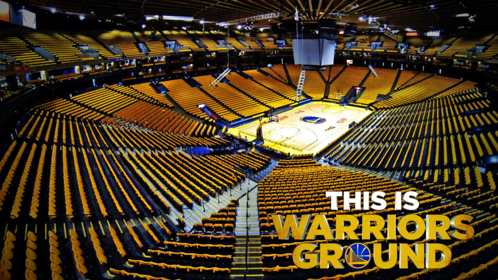 Golden State Warriors empty arena with golden seats pristine court and This is Warriors Ground text Wallpaper