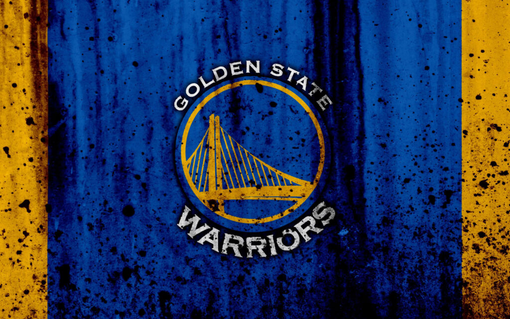 Golden State Warriors logo on textured blue gold background with bold black paint splatters wallpaper