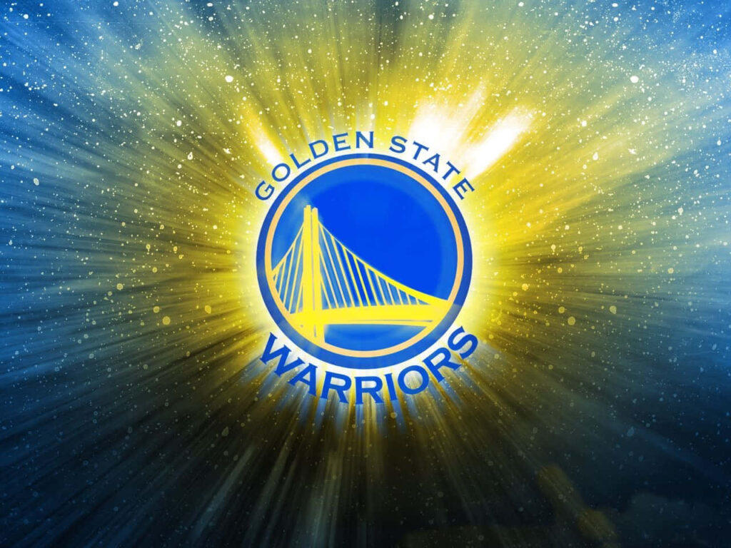Golden State Warriors logo glowing with radiant rays vibrant team colors dynamic wallpaper background