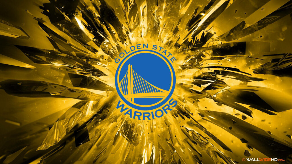 Golden State Warriors logo on dynamic golden shattered glass background wallpaper design