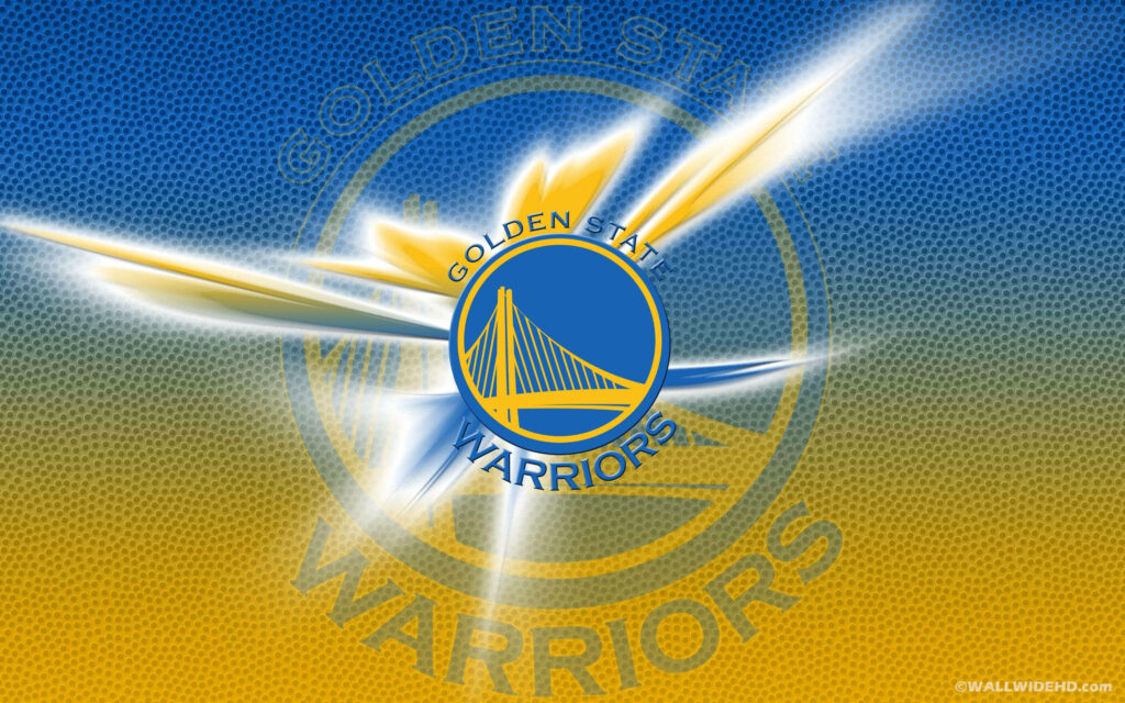 Golden State Warriors logo on textured blue and gold background with radiant light streaks wallpaper