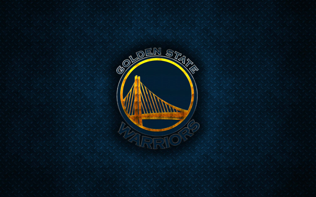 Golden State Warriors logo in bold gold on dark metal textured background wallpaper