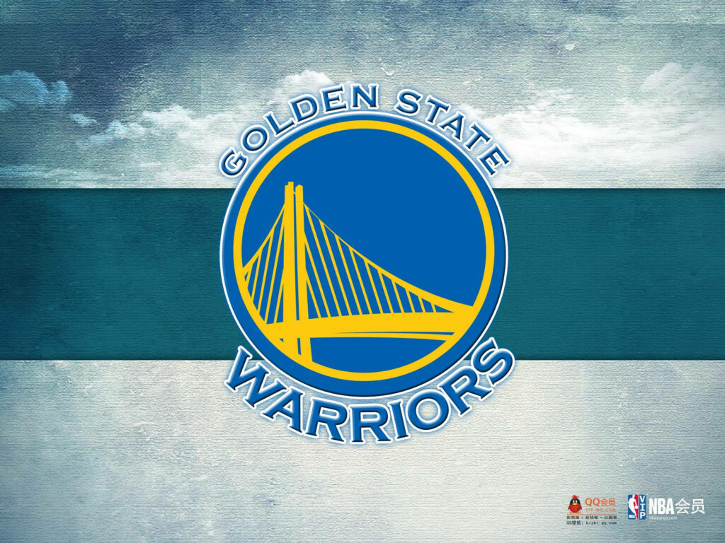 Golden State Warriors logo with vibrant yellow bridge on textured blue and white background wallpaper